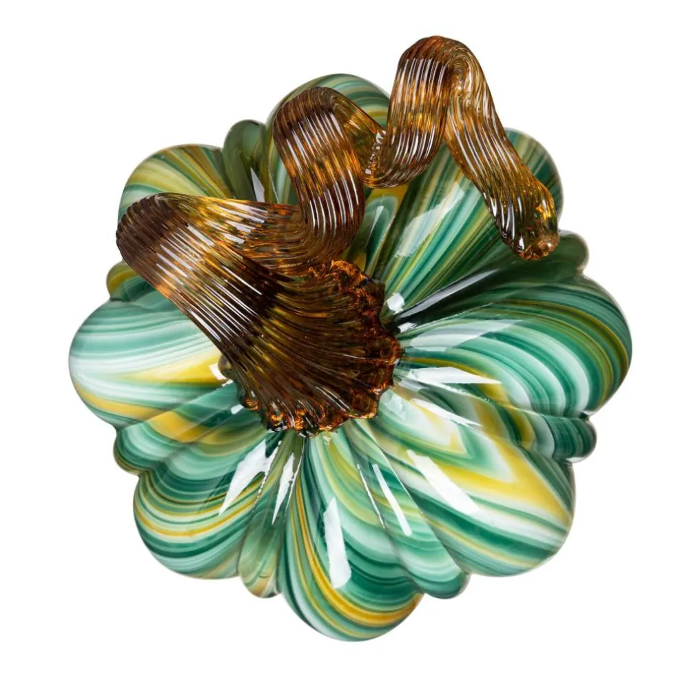 Green Striped Handcrafted Glass Pumpkin – Small & Medium Sizes for Fall Decor
