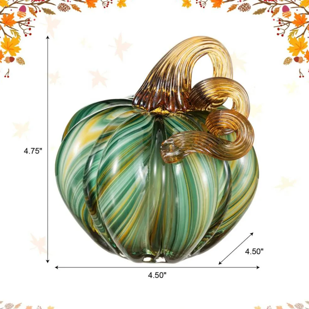 Green Striped Handcrafted Glass Pumpkin – Small & Medium Sizes for Fall Decor