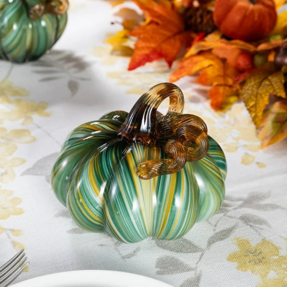 Green Striped Handcrafted Glass Pumpkin – Small & Medium Sizes for Fall Decor