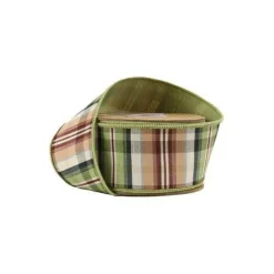 Green Tan Plaid Wired Ribbon | Dupioni Backing Fall Ribbon | 2.5" x 10yd-5600W-570-63E