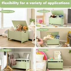 Green Toy Storage Chest for Kids with Safety Lid and Handles