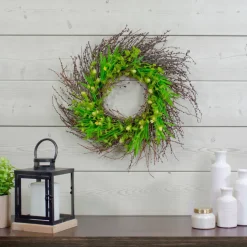 20" Green & Yellow Flower Buds, Leaves & Twigs Wreath