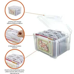 Greeting Card Storage & Organizer Box with 6 Coloful Removable Dividers for Holiday Birthday Get Well Cards Photos, Crafts, Scrapbooking(Clear)