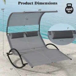 Grey Metal Fabric Double Rocking Chaise Lounge with Adjustable Canopy, Padded Headrests, Outdoor Patio Pool Deck Lounger