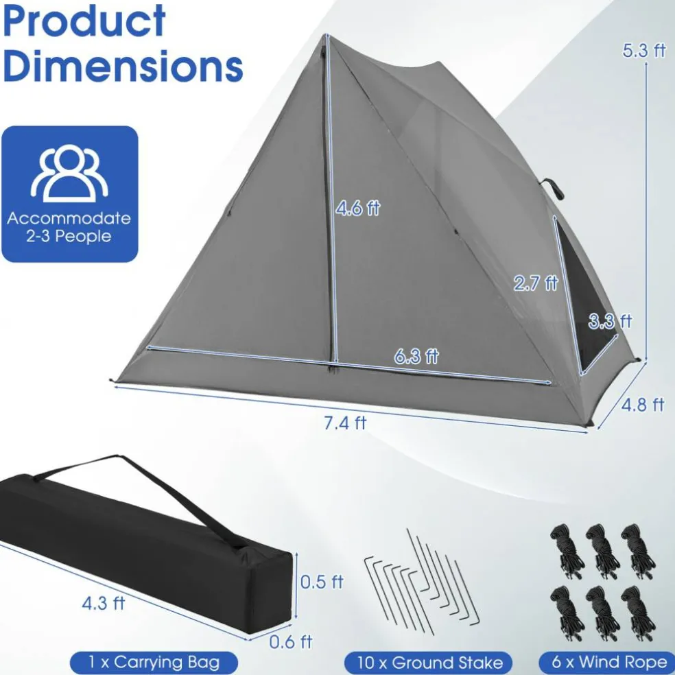 Grey Pop-Up Camping Tent 2-3 Person 360° Mesh Privacy Outdoor Shelter