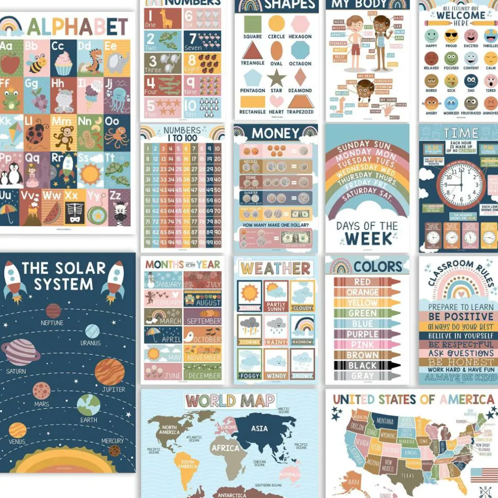 Hadley Designs 11" x 17" Boho Preschool Educational Laminated Posters for Toddlers Set