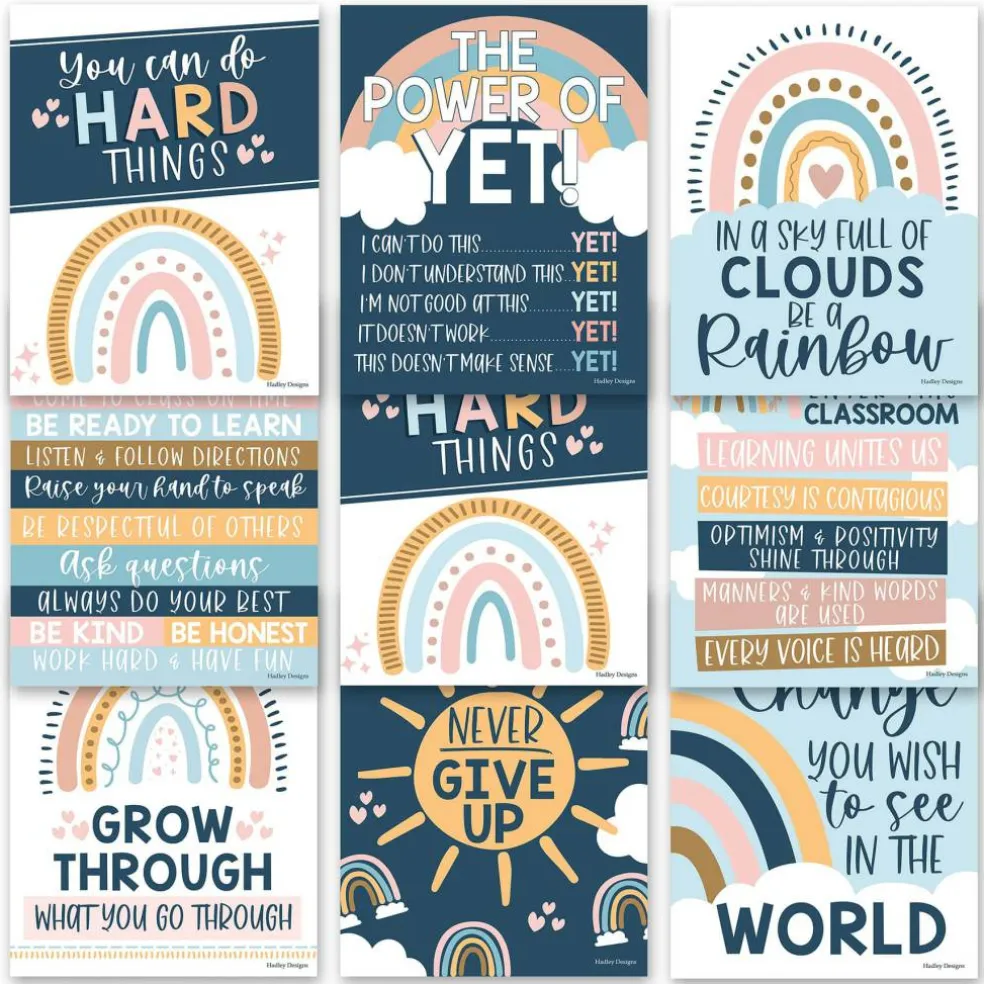 Hadley Designs 11" x 14" Boho Rainbow Growth Mindset Classroom Décor Posters Set
