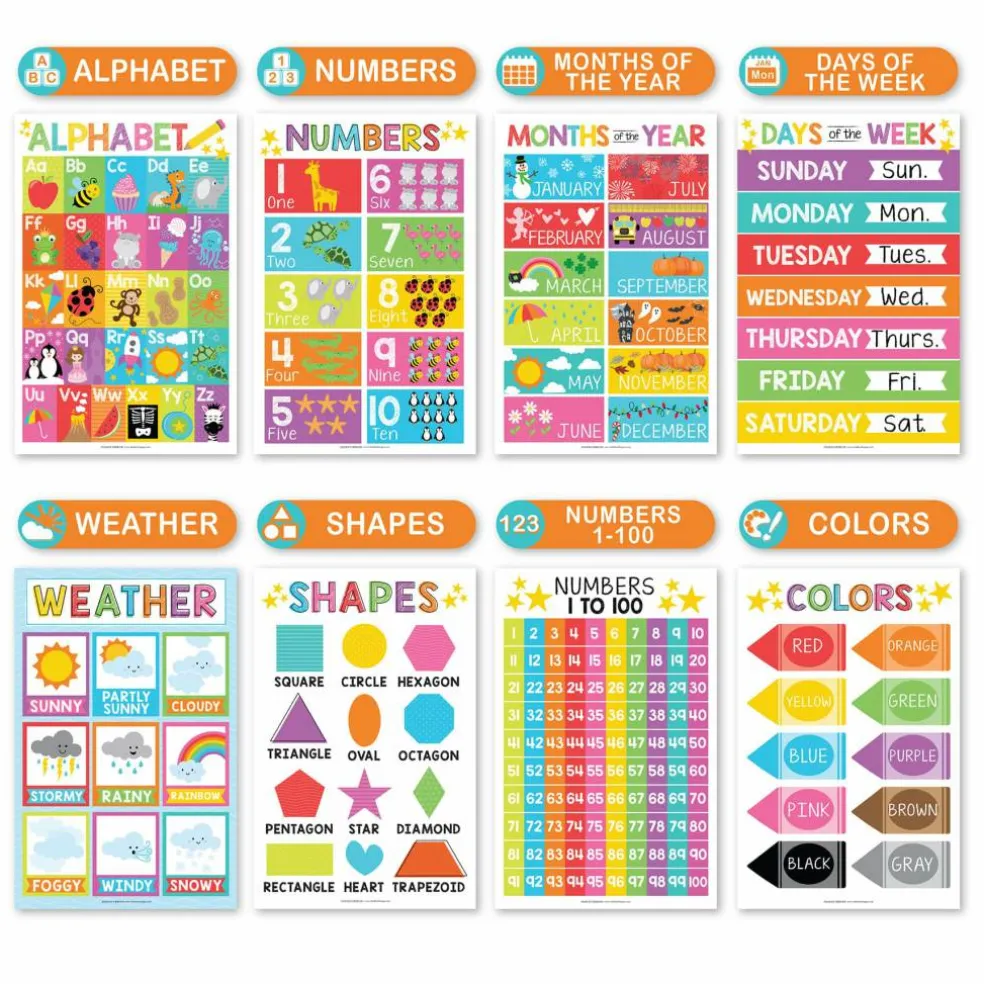 Hadley Designs 11" x 17" Colorful Preschool Educational Laminated Posters for Toddlers Set