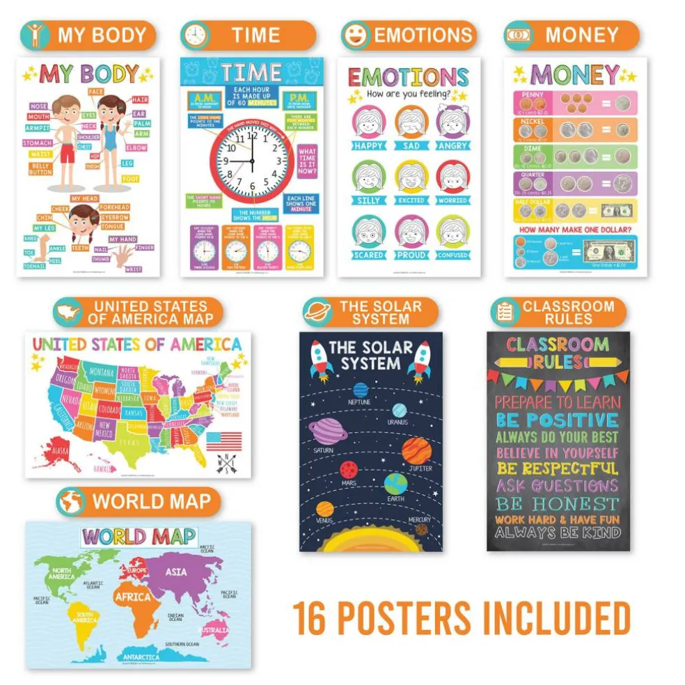 Hadley Designs 11" x 17" Colorful Preschool Educational Laminated Posters for Toddlers Set