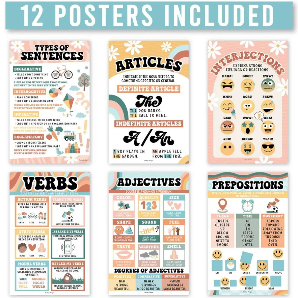 Hadley Designs 11" x 17" Retro Parts of Speech Language Arts and Grammar Laminated Posters Set