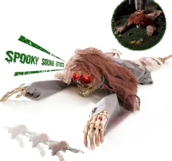 Halloween Animatronic Crawling Zombie, 45 Inch Animated Skeleton with Sound & Touch Activation, Creepy Voice, Light Up Eyes & Moving Skull, Scary Haunted House Prop for Indoor Outdoor Yard Decor