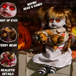 Halloween Animatronic Creepy Girl Doll, 10 Inch Sound Activated Horror Prop with Light Up Eyes & Moving Mouth, Spooky Animated Halloween Decoration for Indoor Outdoor Haunted House Display