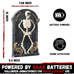 Halloween Animatronic Dancing Skeleton with Light-Up Tombstone, Motion Activated Singing Skeleton Prop with Music, Posable Arms & Legs, Haunted House Horror Decor for Indoor Outdoor Yard Party