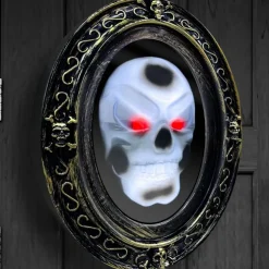 Halloween Animatronic Haunted Mirror Decoration, Talking Magic Mirror Prop with Motion Sensor & Light Effects | Skull Mirror with Creepy Sounds, Glowing Eyes, Wall Mounted Horror Decor for Haunted House, Party & Indoor Outdoor Display