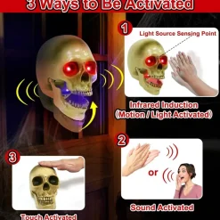 Halloween Animatronic Talking Skull Head, Motion & Voice Activated Hanging Skull with Touch Sensor, Red LED Eyes & RGB Light-Up Mouth, Creepy Sound Effects for Indoor Outdoor Haunted House Decor