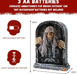 Halloween Animatronic Tombstone with Moving Skeleton, Sensor Activated Graveyard Prop with Jump-Scare Motion, Glowing Red LED Eyes & Creepy Sound for Haunted House, Yard & Party Decor