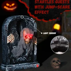 Halloween Animatronic Tombstone with Moving Skeleton, Sensor Activated Graveyard Prop with Jump-Scare Motion, Glowing Red LED Eyes & Creepy Sound for Haunted House, Yard & Party Decor