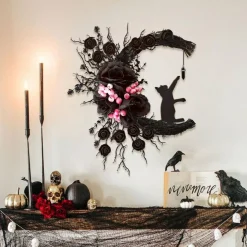 Halloween Black Cat Moon Wreath with LED Lights, 14" × 16" Crescent Moon Grapevine Door Wreath for Front Door, Spooky Indoor Outdoor Halloween Wall Decor for Haunted House, Party & Fall Home Decorations