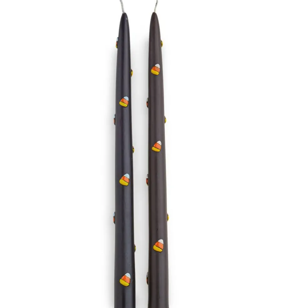 Halloween Candy Corn Hand Painted Taper Candles Black Multi 2-Pack 12 in