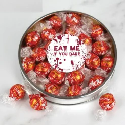 Halloween Candy Gift Tin with Chocolate Lindor Truffles by Lindt Large Plastic Tin with Sticker By Just Candy - Red