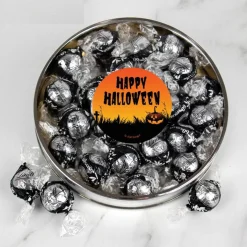 Halloween Candy Gift Tin with Chocolate Lindor Truffles by Lindt Large Plastic Tin with Sticker By Just Candy - Pumpkin