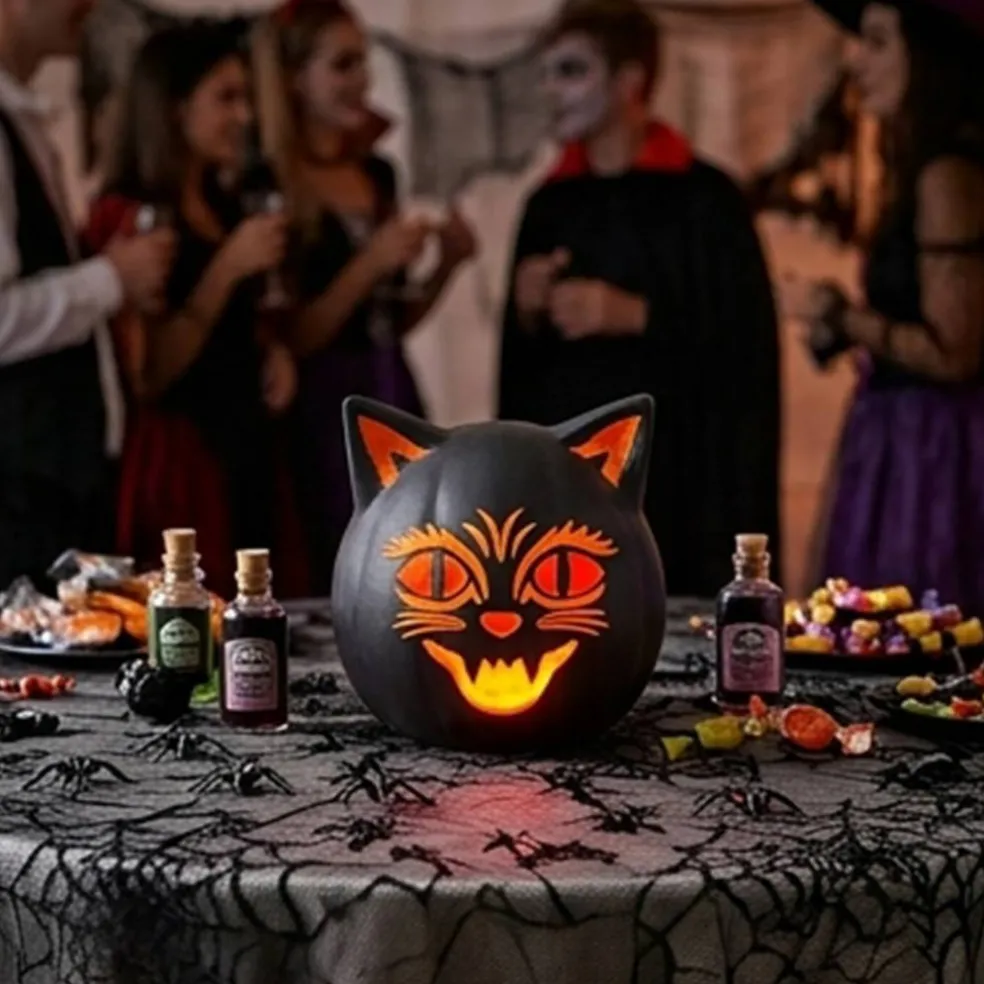 9'' Halloween Classics Plug-In LED Black Cat Jack-O-Lantern