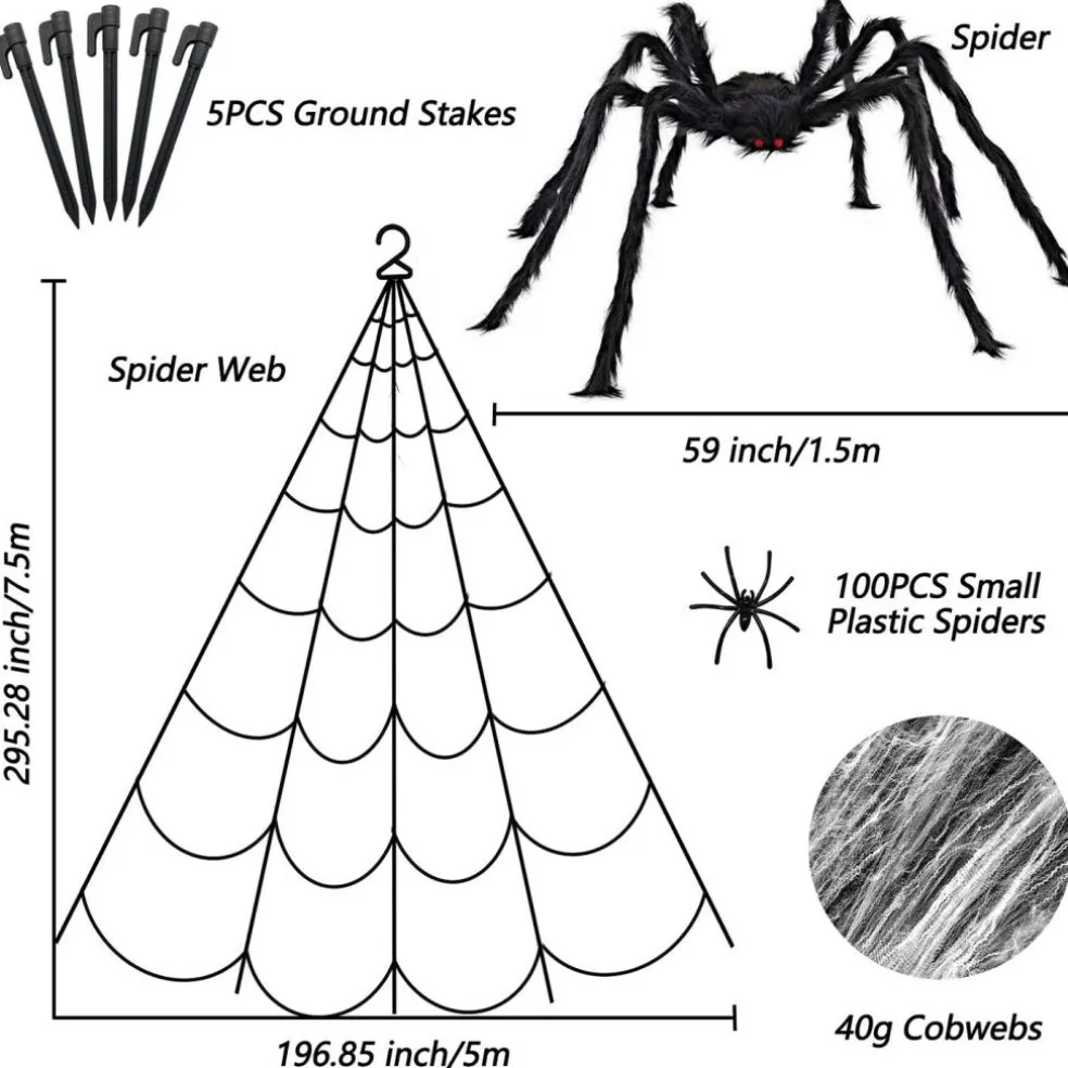 Halloween Decorations - 295" Halloween Spider Web Decorations Outdoor + 59" Giant Fake Spider with Triangular Huge Spiders Web