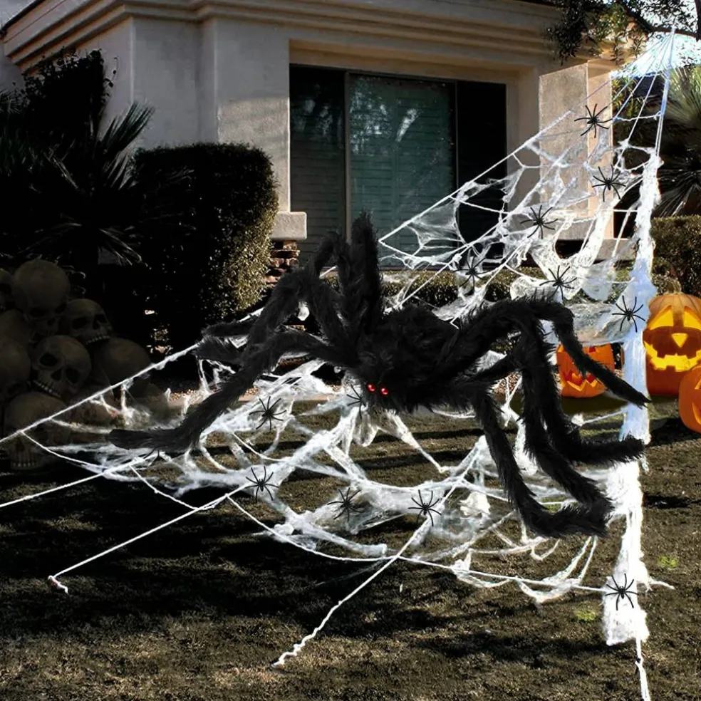 Halloween Decorations - 295" Halloween Spider Web Decorations Outdoor + 59" Giant Fake Spider with Triangular Huge Spiders Web