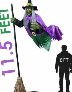 Halloween Decorations Outdoor, 11.5 FT Animated Hovering Witch Animatronic, Sound & Touch Activated Talking Witch with LED Lights, Scary Haunted House Prop for Yard Lawn Garden Party
