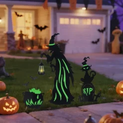 Halloween Decorations Outdoor, 3 Pack Metal Witch Yard Stakes with Solar Lantern, Glow in the Dark Cauldron & Tombstone, Lighted Witch Silhouette for Porch Garden Lawn Cemetery