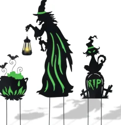 Halloween Decorations Outdoor, 3 Pack Metal Witch Yard Stakes with Solar Lantern, Glow in the Dark Cauldron & Tombstone, Lighted Witch Silhouette for Porch Garden Lawn Cemetery