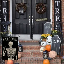 Halloween Garden Flag 12x18 Inch, Double Sided Welcome Skeleton Skull Yard Flag, Black Burlap Outdoor Halloween Decor for Lawn, Garden, Patio, Porch, Mailbox and Front Door