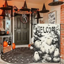 Halloween Garden Flag 12x18 Inch, Ghost Witch Hat Pumpkin Double Sided Burlap Welcome Yard Flag, Spooky Fall Outdoor Decor for Front Yard, Lawn, Garden, Porch, Patio and Entryway