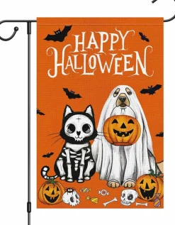 Halloween Ghost Dog Garden Flag 12x18 Inch Double Sided, Burlap Spooky Welcome Fall Yard Flag with Ghost Dog and Bat Design, Seasonal Outdoor Decorations for Lawn Garden Porch Patio House