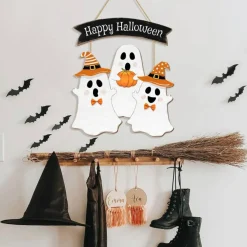 Halloween Ghost Door Sign “BOO” Wooden Hanging Decoration – Happy Halloween Front Door Wreath Style Sign, Pumpkin Ghost Wall & Yard Decor for Indoor Outdoor Party