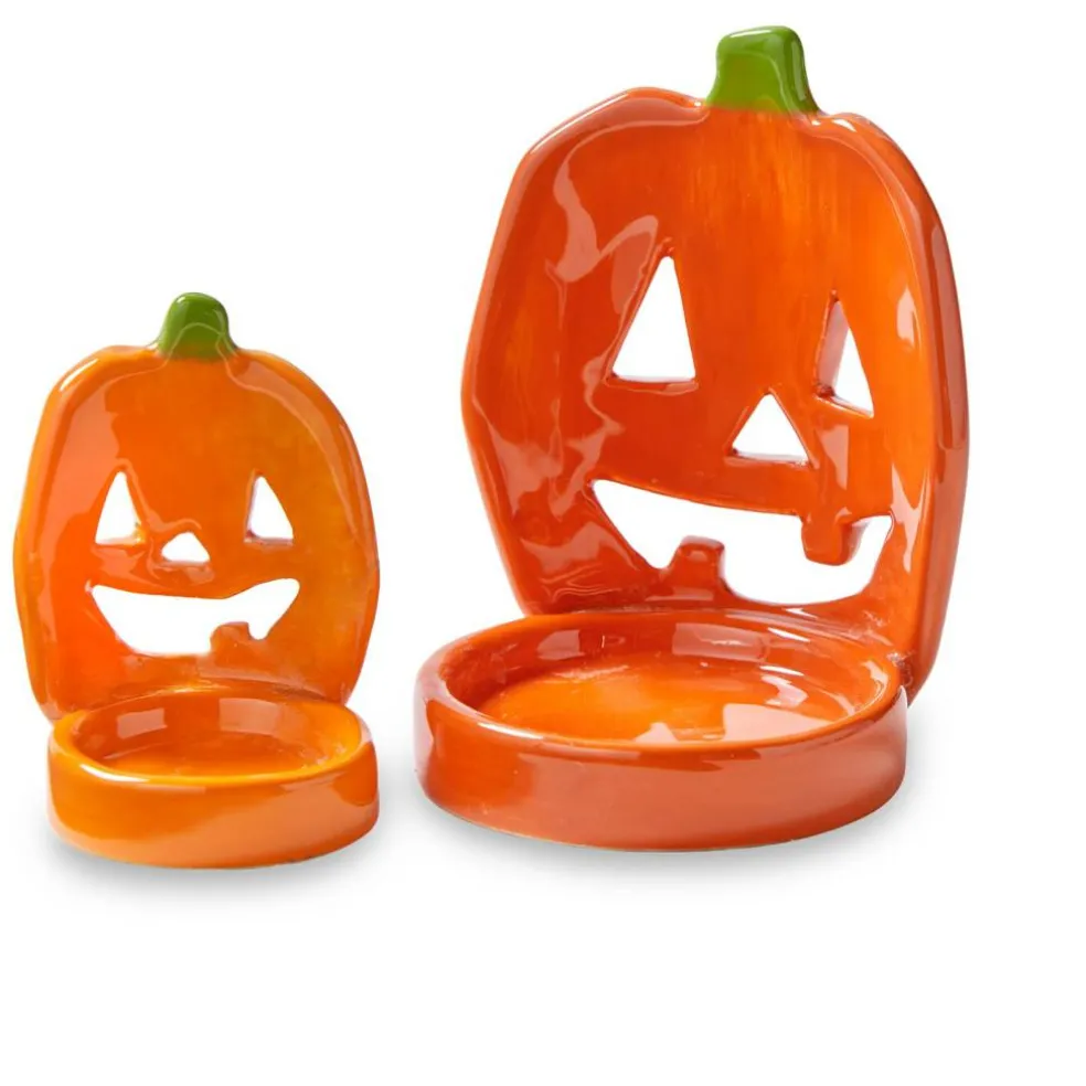 Halloween Jack-O-Lantern Nesting Candleholder Set of 2 Orange Earthenware 1.5x1.5x2.5 in