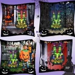 Halloween Lighted Garden Flag for Outside, Led Solar Yard Flag 8 Modes Witch Feet Shape Flag, 12x18 Double Sided Cauldron Eyeball Black Cat Decorations for Home Porch