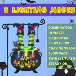 Halloween Lighted Garden Flag for Outside, Led Solar Yard Flag 8 Modes Witch Feet Shape Flag, 12x18 Double Sided Cauldron Eyeball Black Cat Decorations for Home Porch