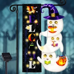 Halloween Lighted Garden Flag, Solar Yard Flag for Outside, 8 Modes Double Sided Welcome Halloween Ghost Outdoor Decorations for Home Porch (Ghost-12x18)