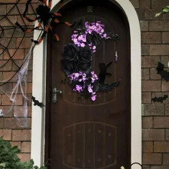 Halloween Lighted Wreath – Gothic Cat & Moon Design with Greenery and Wildflowers, 11.8x11" Porch, Wall, Indoor & Outdoor Decor (Purple, 16")