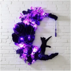 Halloween Lighted Wreath – Gothic Cat & Moon Design with Greenery and Wildflowers, 11.8x11" Porch, Wall, Indoor & Outdoor Decor (Purple, 16")