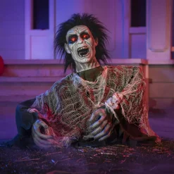 Halloween Outdoor Zombie Groundbreaker Decoration, Animated Zombie Prop with Sound & Glowing Red Eyes, Motion Activated Shaking Halloween Decor for Graveyard, Lawn, Yard, Haunted House & Party