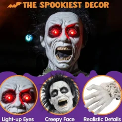Halloween Outdoor Zombie Groundbreaker Decoration, Animated Zombie Prop with Sound & Glowing Red Eyes, Motion Activated Shaking Halloween Decor for Graveyard, Lawn, Yard, Haunted House & Party