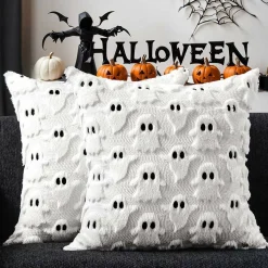 Halloween Pillow Covers 18x18 – Set of 2 Ghost Faux Fur Cushion Cases for Sofa, Chair & Bedroom Decor