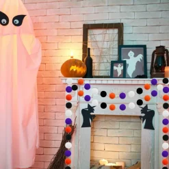 Halloween Pom Pom Garland Set of 3, Orange Black Purple White Felt Ball Garland 6.6Ft Hanging Decorations for Fall Halloween Party Home Classroom Wall Decor