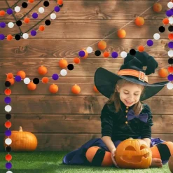 Halloween Pom Pom Garland Set of 3, Orange Black Purple White Felt Ball Garland 6.6Ft Hanging Decorations for Fall Halloween Party Home Classroom Wall Decor