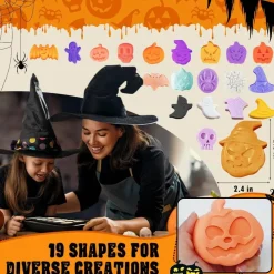 Halloween Silicone Molds Set of 4, 19 Shapes 3D Pumpkin Skull Ghost Bat Witch Hat Molds, Food Grade Baking Molds for Cupcake, Soap, Candle, Ice, Chocolate & Spooky Party Treats