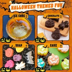 Halloween Silicone Molds Set of 4, 19 Shapes 3D Pumpkin Skull Ghost Bat Witch Hat Molds, Food Grade Baking Molds for Cupcake, Soap, Candle, Ice, Chocolate & Spooky Party Treats