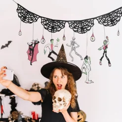 Halloween Skeleton Garland Banner Set, Spider Web Monster Party Decorations, Frankenstein Zombie Vampire Hanging Garland for Halloween Party, Gothic Birthday, Haunted House Decor
