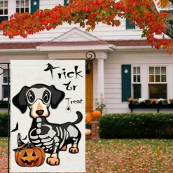Halloween Trick or Treat Garden Flag, 12 x 18 Inch Double-Sided Ghost Dog and Dachshund Skeleton Yard Flag, Weather and Fade Resistant Outdoor Halloween Decor for Lawn, Garden, Porch, Patio, Deck and Balcony
